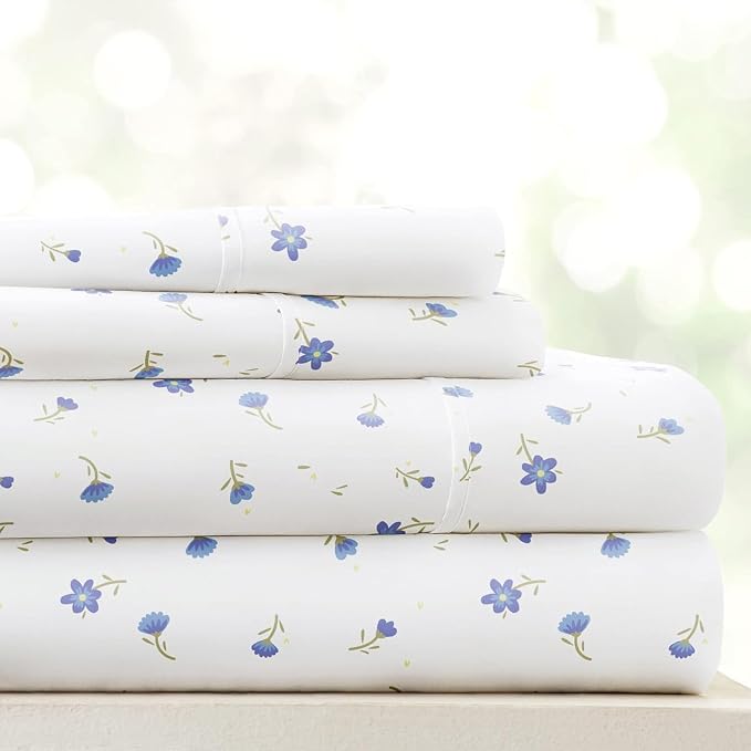 Linen Market Double-Brushed Patterned Microfiber California King Sheet Set 4 Piece – Oeko-TEX Certified Ultra Soft & Wrinkle-Free - 16" Deep Pocket Sheets Easy Care Cal-King Size - Soft Floral Blue