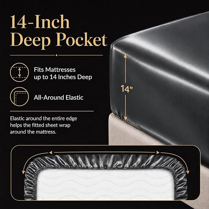 CozyLux Satin Sheets King, 4-Piece 14-Inch Deep Pocket Sheet Set | OEKO-TEX Certified Silky Soft Sheet Set for Hair & Skin, Luxurious Silky-Smooth Satin for Elegant Bedroom Decor, Dark Grey