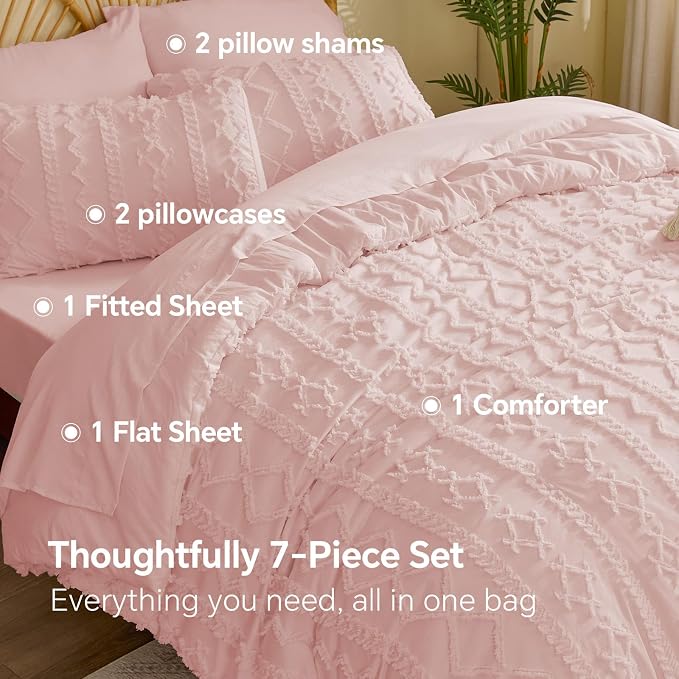 BEDELITE Queen Comforter Set 7 Pieces,Boho Bed in a Bag,Pink | Tufted Bed Set for All Seasons,Soft Farmhouse-Style Embroidery Bedding,Includes Flat & Fitted Sheets,2 Pillowcases & 2 Shams