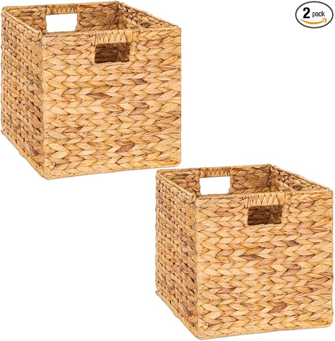 M4DECOR Storage Cube 10.5 x 10.5in, Wicker Storage Baskets for Shelves, Water Hyacinth Storage Baskets, Square Wicker Storage Basket (2 Packs 10.5in)