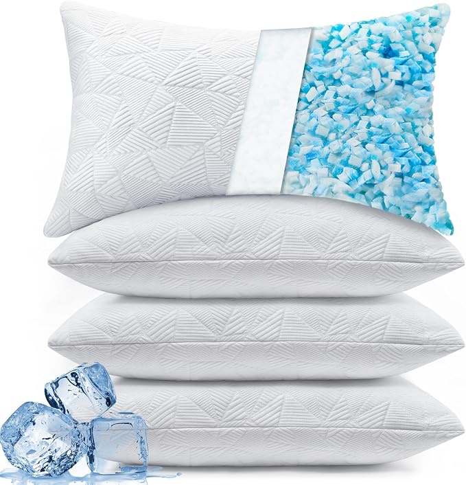 BETU Cooling Pillows Standard Size Set of 4, Shredded Memory Foam Bed Pillows, Adjustable Firm Support Cool Pillow for Neck Pain and Side Sleeping, White