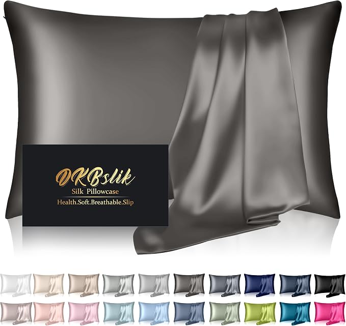 Silk Pillowcase for Hair and Skin, Mulberry Silk Pillow Cases King Size, Anti Acne Cooling Sleep Both Sides Natural Silk Satin Pillow Case Covers with Hidden Zipper, Gifts for Women Men, Dark Gray