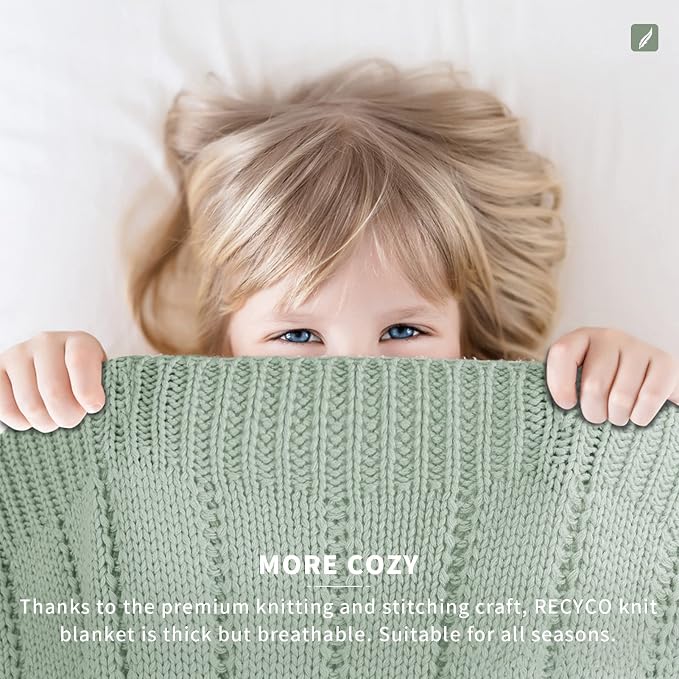 RECYCO Cable Knit Throw Blanket, Sage Green, 60"x80" | 3.6LB, Soft Lightweight Warmth Layer, Breathable All Season Use, Decorative Home Accent, for Couch, Bed, Sofa