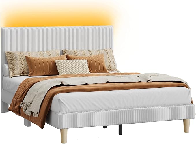 Bestier Queen Bed Frame with Headboard LED Lighting,Upholstered,Light Grey | LED Lighting Headboard,Easy Assembly,No Squeaks,Vertical Channel Corduroy Upholstered,Wood Slats Support,No Box Spring Needed