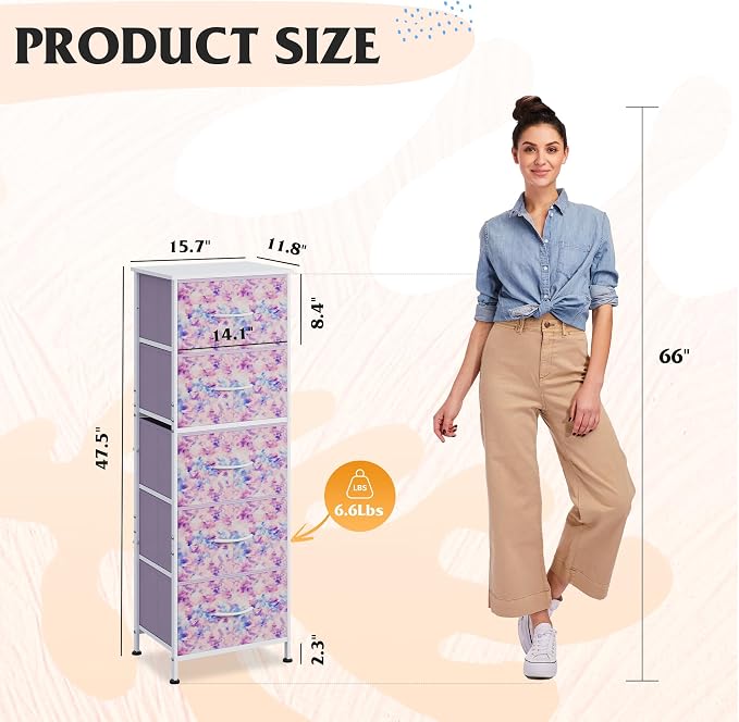 WLIVE Tall Dresser for Bedroom, 5 Drawer Dresser, Tie-Dye | 5 vertical fabric drawers, Tall vertical design, Bedroom or closet use, Dresser for small spaces, Chest of drawers