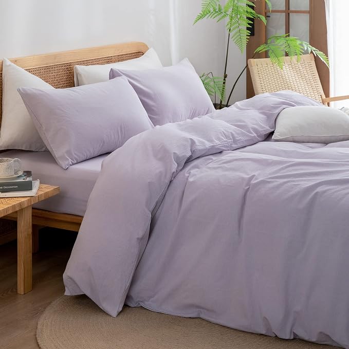 BESTOUCH Cotton Solid Duvet Cover Set Taro Purple Oversized Queen | 100% Washed Cotton, Soft Wrinkle Texture, Hidden Zipper, 8 Ties, Breathable Lightweight Durable Comfy, 3 Pcs No Insert