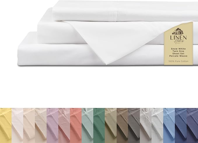 Linen Home 100% Cotton Percale Sheets Twin Size,Snow White, Deep Pocket, 3 Pieces Set - 1 Flat, 1 Deep Pocket Fitted Sheet and 1 Pillowcase, Crisp Cool and Strong Bed Linen