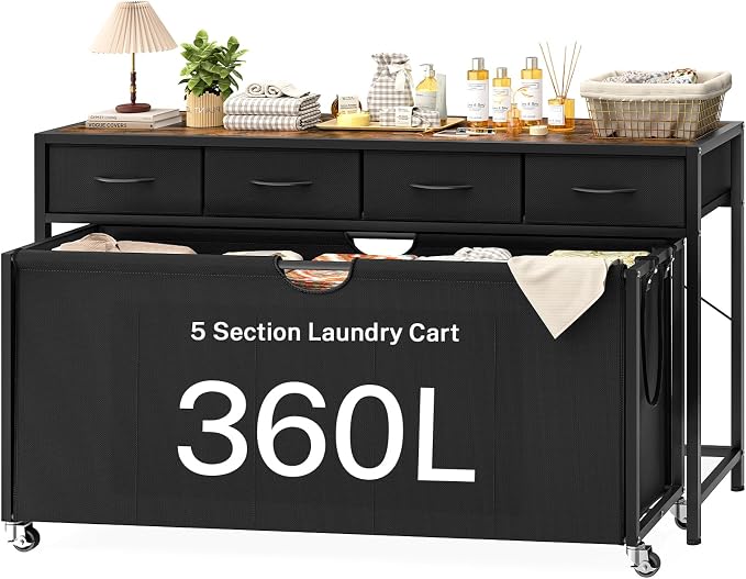Laundry Sorter, Rolling Laundry Hamper with 5 Section Pul-Out Bags, Laundry Basket Organizer with 4 Drawers, Laundry Hamper with Wheels for Laundry Room Organization, Bathroom, Bedroom