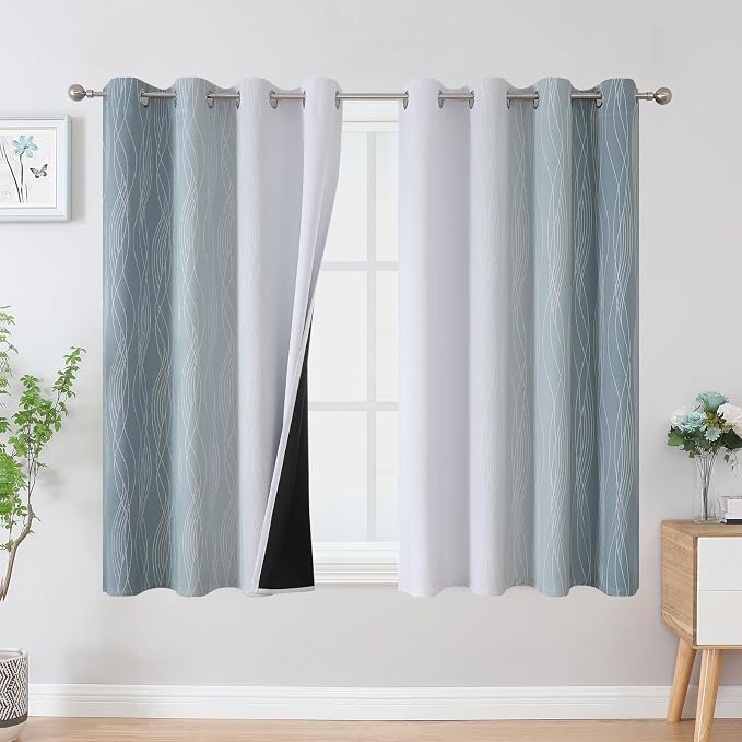Stone Blue and Greyish White Blackout Curtains for Bedroom 54 Inch Long | Estelar Textiler Room Darkening Ombre Curtains for Bathroom,Light Blocking,Thermal Insulated Grommet Drapes,52Wx54L,2 Panels