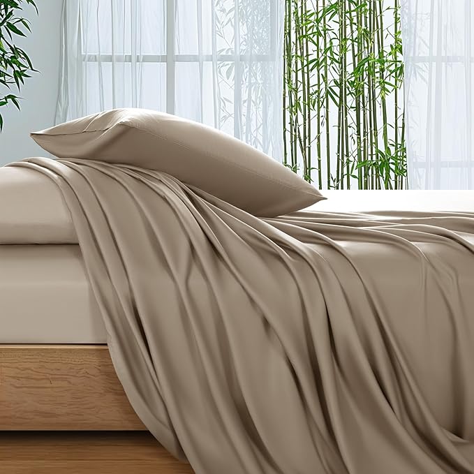SONORO KATE 100% Viscose Derived from Bamboo_Sheets Full Size,4PC | Cooling Bed Sheets for Hot Sleepers,Soft Breathable & Silky,16" Deep Pocket,Luxury Hotel Bedding,Simply Taupe