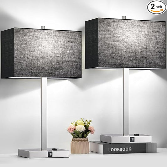 21" Touch Bedside lamps with 2 USB & AC Outlets, 3-Way Dimmable Bedside Table Lamps Set of 2 for Bedroom Living Room Office Reading, Black Shade Lamps for Night Stands, 5000K LED Bulbs Included