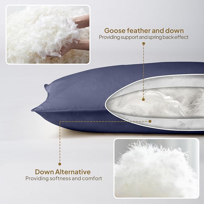 Goose Down Feather Body Pillows for Adults, Full Length Firm Hugging Pillow Insert for Side Sleepers, Breathable Large Long Pillow for Bed with 100% Organic Cotton Shell, Navy Blue 20"x60"