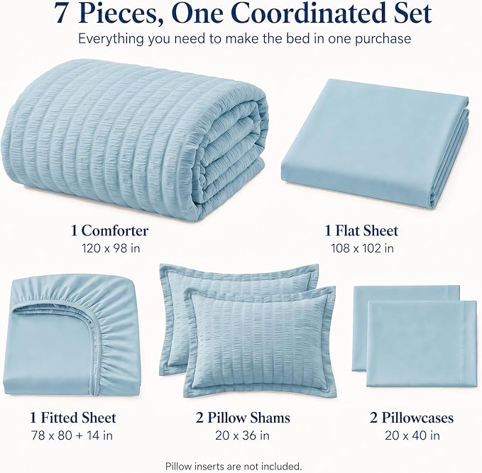 Oversized King Seersucker Comforter Set, Light Blue, 120 x 98 in | OEKO-TEX Certified, 7 Pieces Bed in a Bag with 240 GSM Down Alternative Comforter, Flat & Fitted Sheets, Pillowcases & Shams