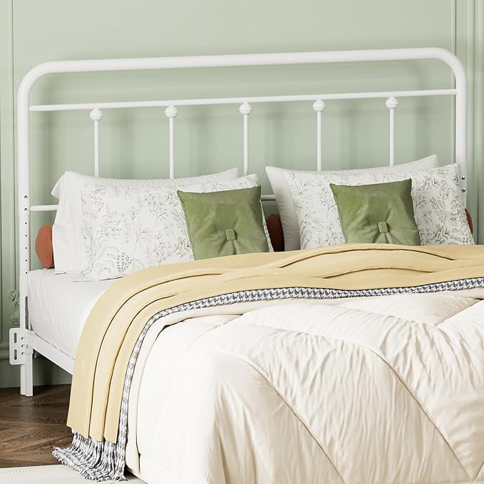 Victorian Metal Full Size Headboard, Adjustable Height, White | Sturdy Steel Full Head Board Only for Bedroom, Bed Frame Brackets Adapter, Farmhouse Vintage Style, Easy Assembly
