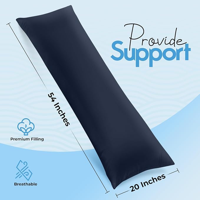 Utopia Bedding Full Body Pillow for Adults (Navy, 20 x 54 Inch), Long Pillow Insert for Sleeping, Ideal for Side Sleepers | Large Body pillows for Adults, Plush Support, Pregnancy Pillow Insert for sleeping, helps maintain body contour, 20x54 inches