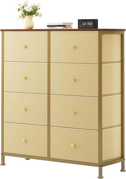 OLIXIS 8 Drawer Storage Dresser for Bedroom, Closet Organizers Units, Khaki | Fabric Dresser with Wooden Top, Chest of Drawers Clothes Storage, Tower Cabinet, TV Stand Furniture