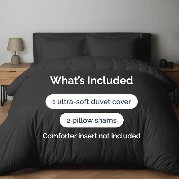 Duvet Cover Full Size - Extra Soft 3 Piece with Zipper Closure - Black | Extra Soft, Breathable, Full Duvet Cover 80" x 90" with 2 Pillow Shams, Zipper Closures & Ties, Women, Men, Kids & Teens