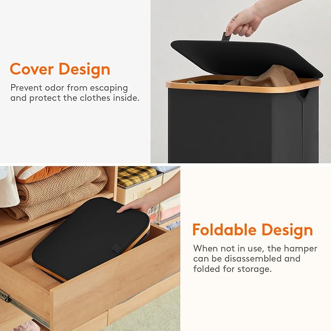 Lifewit 100L Laundry Basket with Lid, Clothes Hampers for Laundry with Bamboo Handles and 1 Removable Bag, Large Foldable Laundry Hamper for Bedroom, Bathroom, Dorm, Laundry Room, Black