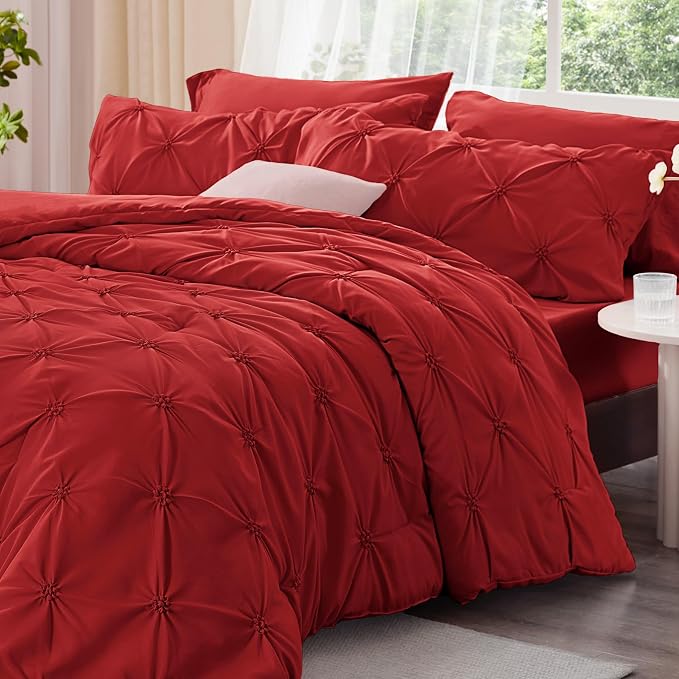BEDELITE King Comforter Set Rose Red,Lightweight & Soft Comforter | Pintuck Boho Bedding, Warm & Cute Bed Set for All Season,With 2 Pillowcases