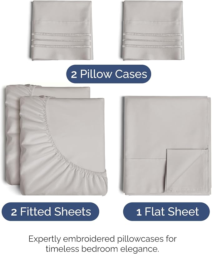Split King Size 5 Piece Sheet Set - Comfy Breathable & Cooling - Light Grey | Hotel Luxury Bed Sheets for Women & Men, Deep Pockets, Easy-Fit, Comfy, Soft and Wrinkle Free Sheets, Oeko-Tex Bed Sheet Set