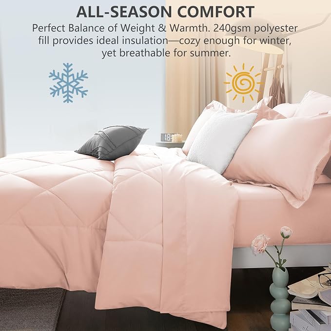 Full Size Comforter Sets Blush Pink - 7 Pieces Complete Bedding Set | OEKO-TEX Certified, All Season, 240GSM Down-Alternative Comforter, Sheets, Pillowcases & Shams, 14" Deep Pocket, Easy Care