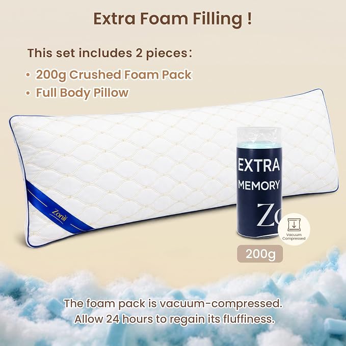 ZonLi Long Body Pillow for Adults, Gold Thread Quilted Gourd Pattern Cover, Soft Durable Adjustable Shredded Memory Foam, Comes with Extra 7 Oz Shredded Foam, Ideal for Side Sleepers, White