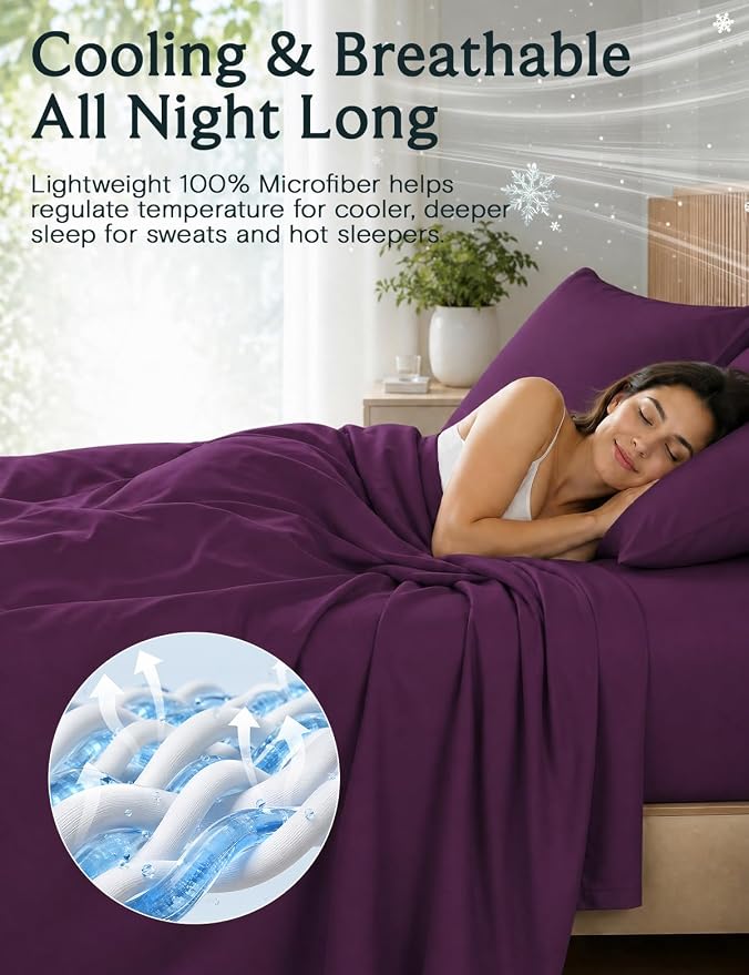 LuxClub California King Sheets Sets, Deep Pocket Cal King Sheet Bed Sheets 4PC, Cooling Sheet Cal King Size, Soft Breathable Hotel Bedding, Silky Fitted Sheet & Pillowcase Sets, Eggplant | LuxClub Silky Fitted Sheet & Pillowcase Sets, Breathable Hotel ...