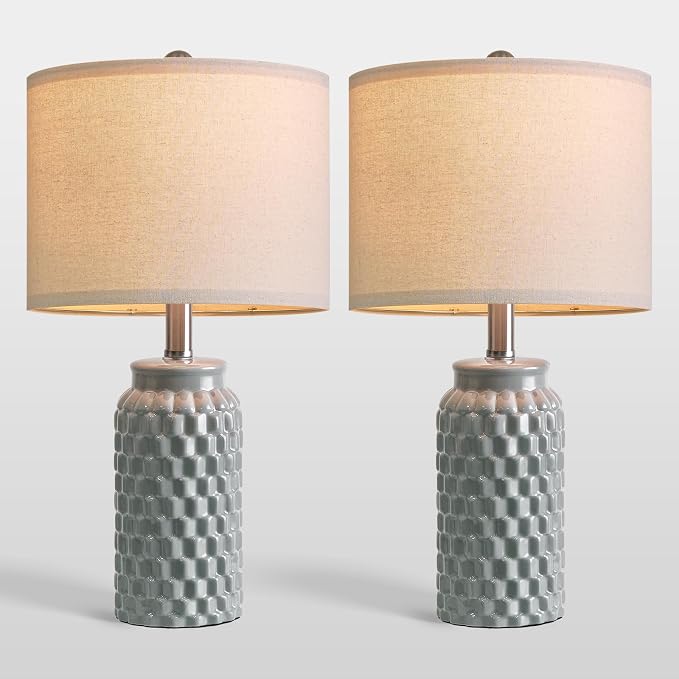 USumkky 20.5" Ceramic Table Lamps Set of 2, Modern Farmhouse Boho Bedside Lamps for Bedroom, Nightstand Lamps for Living Room End Tables, Small Desk Lamps, Grey