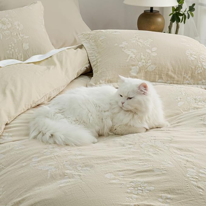 PHF Stone-Washed 100% Cotton Duvet Cover King Size, 104"x90", Formal Grey | Elegant Floral Jacquard Woven, Ultra Soft Breathable All Season Bedding Set for Adults, 3pcs with 2 Pillow Shams, No Filling