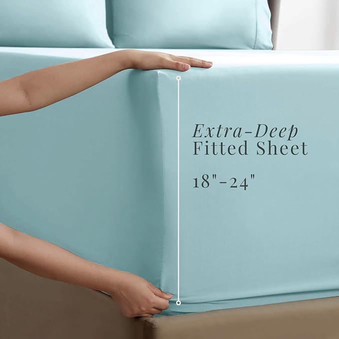 Hearth & Harbor Extra Deep Pocket Sheets - Fits Mattress 18-24 Inches Deep - Extra Deep Pocket Split King Size Sets - 7 Piece Split King Size - Aqua Blue