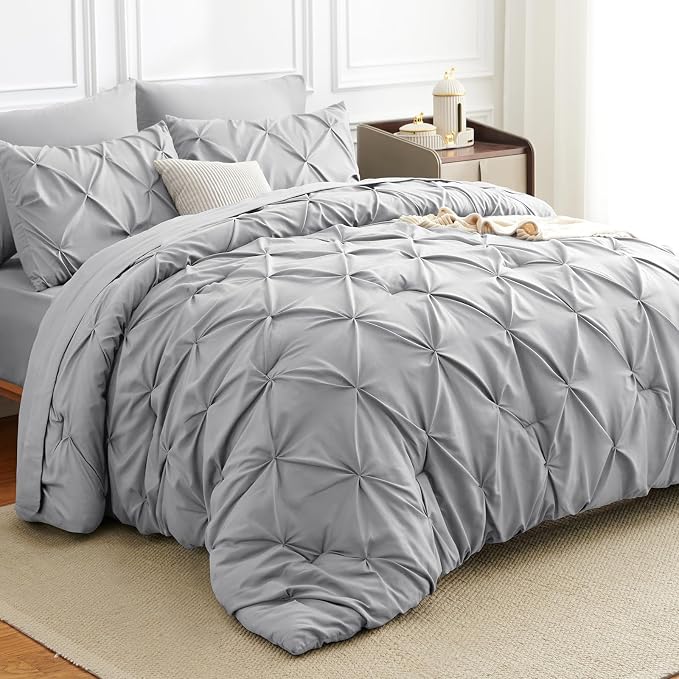 HIMEET King Size Comforter Set Light Grey - 7 Pieces Pintuck Bed in a Bag | OEKO-TEX Certified, 240GSM Down Alternative Comforter, 14" Deep Pocket Fitted Sheet + Flat Sheet + 2 Pillowcases + 2 Shams