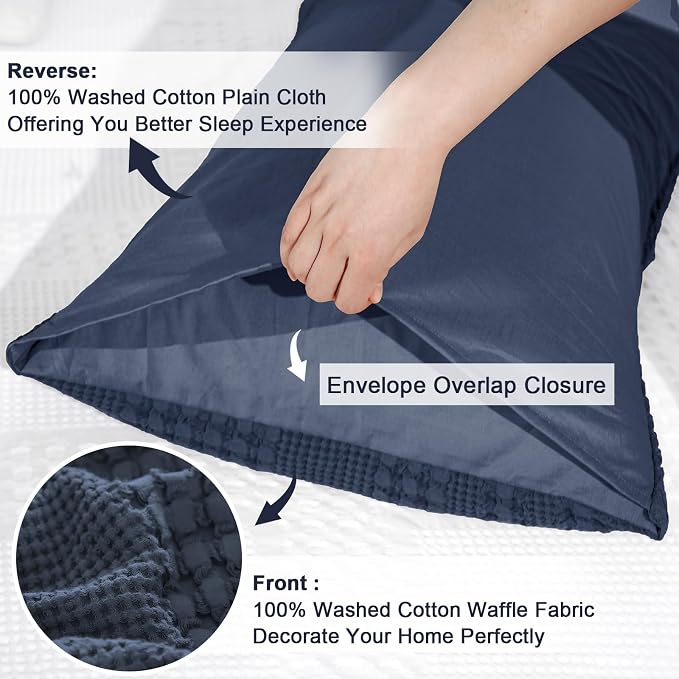 PHF 100% Cotton Waffle Pillow Shams King Size, 2 Pack 20" x 36" Soft Skin-Friendly Pillowcases, No Filling, Aesthetic Woven and Breathable Waffle Weave Pillow Case Covers for Bed, Indigo