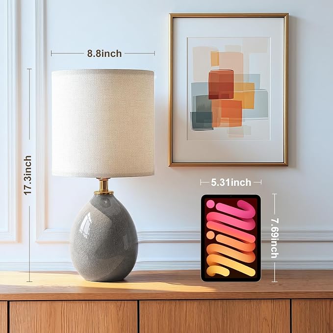 18.5" Ceramic Table Lamps Set of 2 for Living Room Bedroom, Grey | Bedside Lamps for Bedroom Nightstand, Ice Crackle Home Bedroom Living Room Decor, Linen Fabric Shade, 3-Color Temperature
