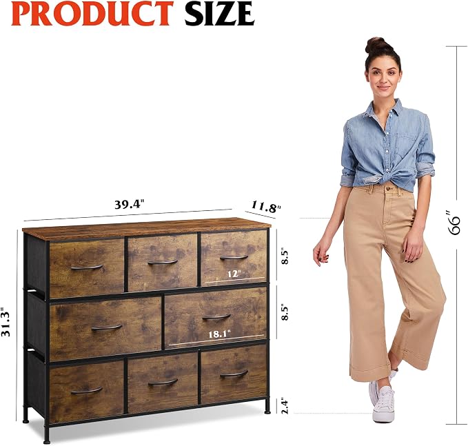 WLIVE 8 Drawer Dresser for Bedroom, Wide Chest of Drawers, Rustic Brown | 8 roomy fabric drawers, Large storage design, Bedroom or living room, Sturdy steel frame, Smooth wood tabletop