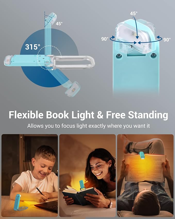 DEWENWILS USB Rechargeable Book Light, LED Clip on Book Reading Light Blue | Amber Glow, Blue Light Blocking, Brightness Adjustable, Flexible Lighting Angle, Portable Bookmark Light for Kids, Bookworms