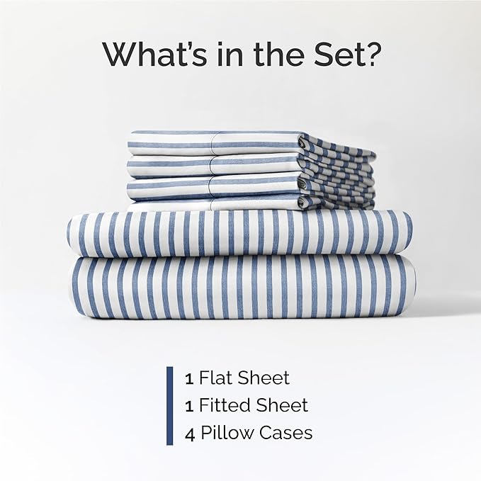 Full 6 Piece Bed Sheet Set - Breathable & Cooling Sheets - Blue Stripes | Ultra-Soft Hotel Luxury Bedding Set with 8-16 Inch Deep Pockets, 1 Flat & 1 Fitted Sheet & 4 Pillowcases, Wrinkle & Fade Free