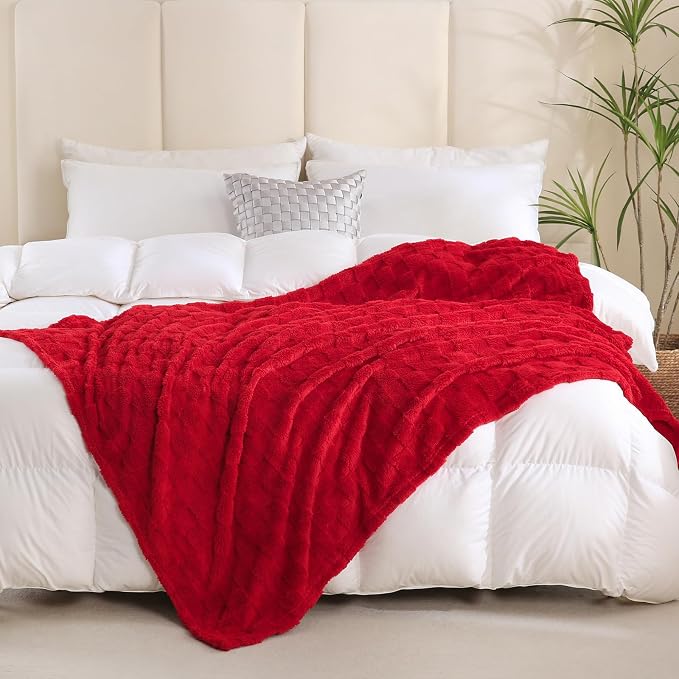 Red Fleece Throw Blanket 90”×90”Checkered Design for Couch Sofa | Super Soft Cozy Plush Microfiber 3D Square Pattern Flannel Blanket for Bed Lightweight for Adults,Women