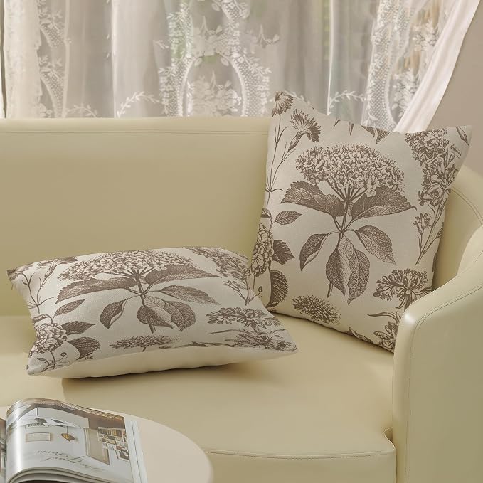 Vintage Brown Pillow Covers 24x24 Inch 2 Pcs Boho Beige Floral Decor Throw Pillows Hydrangea Flower Seasonal Outdoor Farmhouse Neutral Accent Decoration Pillowcase Linen Cushion Cover for Couch