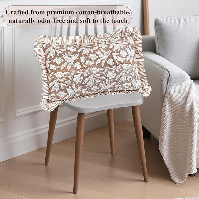 Ridhi Block Print Oak Brown Ruffle Lumbar Pillow Shams, 20" x 12" Set-1 | 100% cotton, Floral Pillowcase, Cushion Cover, Hidden Zipper, Cottagecore Bedding, farmhouse boho style, fits couch, sofa,Bed