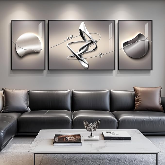 Extra Large Framed Modern Abstract Wall Art for Living Room, 3 Piece | Black Grey Silver Tones, Luxury Geometric Paintings, Long Horizontal Prints for Bedroom Dining Room Office