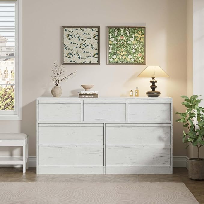 Garvee 7 Dresser for Bedroom, 54" Wide Dresser, Freestanding Horizontal Drawer with Storage, Wooden Closet Chest Storage for Living Room, Hallway, Entryway, White