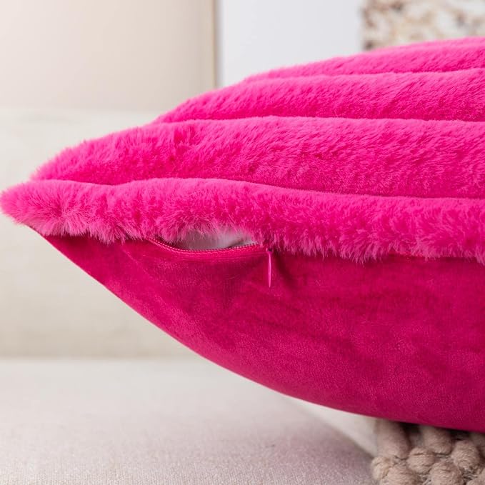 ZLINA Hot Pink Striped Faux Fur Throw Pillow Covers 16 x 16 Inch | 2‑Pack, boho striped pillow covers,velvet back,fuzzy plush cushion covers , for sofa bed livingroom home decor