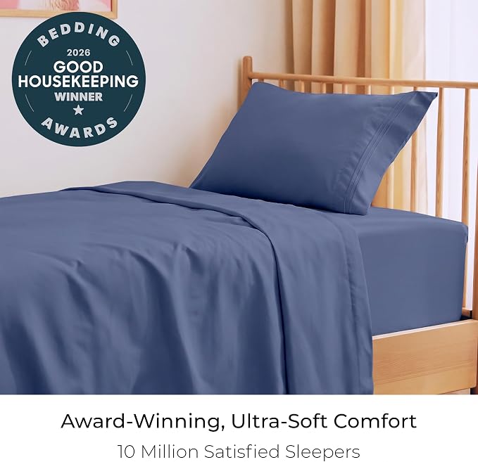 Mellanni Iconic 3-Piece, Ultra Soft Sheet Set (Twin, Blue Nova) | 10M+ Sleepers. Lab-tested: Sleeps Cool, Stays Bright, Strong, Smooth. Good Housekeeping Best Bedding, 7 yrs running.