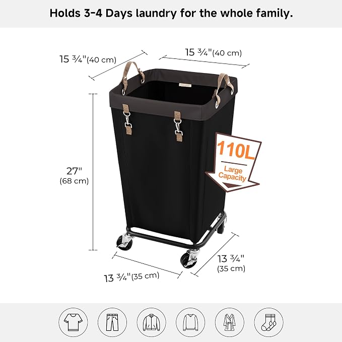 StorageWorks 110L Laundry Basket with Wheels, Rolling Hampers for Clothing | Black Laundry Basket with Wheels, Metal Frame & Handles, Rolling Hamper for Bedroom, Bathroom, Dorm, Hotel