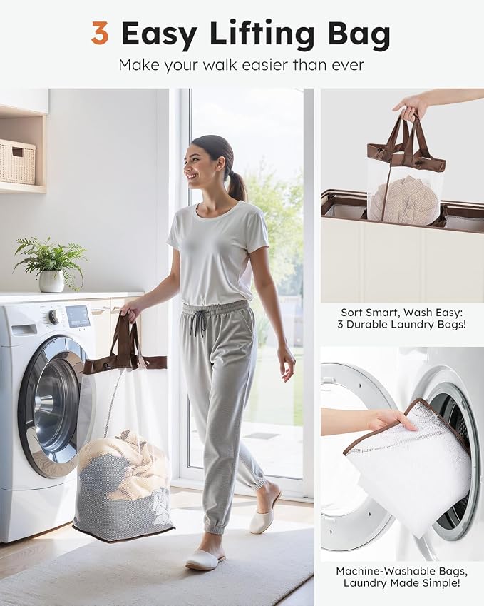SOLEDI Large Laundry hamper 3 Section with Laundry Bag, XL Clothes Basket | 3-Section Large capacity Laundry Sorter with Odor-Blocking Lid, Robust Iron Frame & Waterproof 600D Fabric, 3 Washable Bags