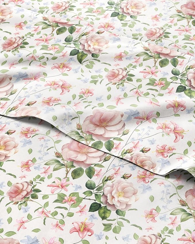 Full 4 Piece Floral Sheet Set - Soft, Breathable & Cooling - Secret Garden | 1 Flat, 1 Fitted & 2 Pillowcases w/ Deep Pockets, Boho Botanical Floral Bedding, Breathable & Cooling, Wrinkle & Fade Free