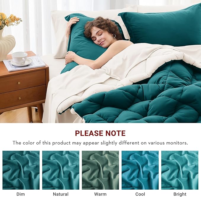 7 Pieces King Comforter Set, Reversible Bed in a Bag King Size, All Season Bedding Set with Comforter, Flat Sheet, Fitted Sheet, Pillowcases & Shams, Peacock Blue & Ivory