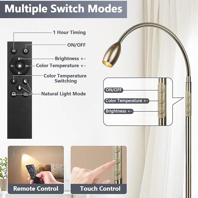 Reading Floor Lamp, 72" LED Dimmable Lamp with Gooseneck,Zoomable Spotlight | Adjustable Color Beam Standing Lamp, Touch & Remote Control, Task Craft, Sewing, Bedroom Living Room, Office, Bronze