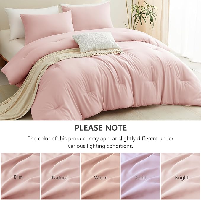 Full Comforter Set, 3 Pieces Down Alternative Bedding, Blush Pink | 270 GSM All Season Comforter with 4 Corner Ties for Use as a Duvet Insert, OEKO-TEX Certified, 2 Pillowcases, 82 x 86 in