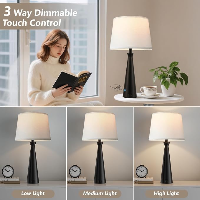 Modern Touch Lamps for Nightstand, 3 Way Dimmable Bedroom Lamp Set of 2 | USB C+A Charging Ports, Black Bedside Lamps for Bedroom, Living Room, End Table, Bed Side, LED Bulb Included